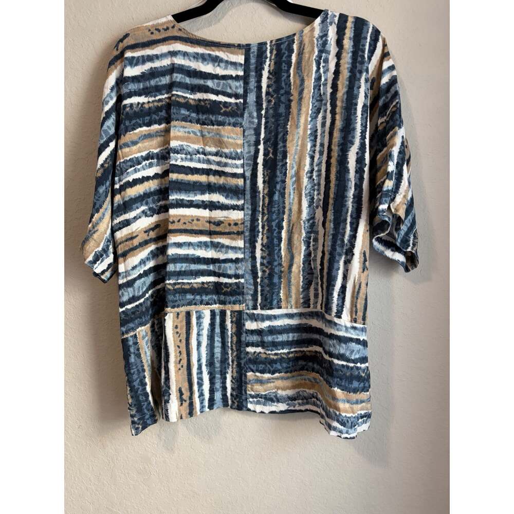 Ali Miles XL Blue Beige White Striped Linen-Blend Boxy Pullover Short Sleeve Top - Picture 2 of 9